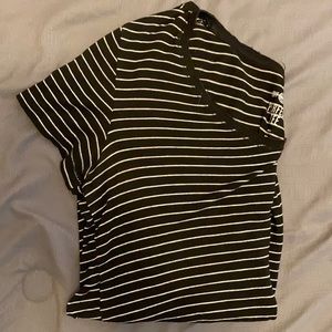 Woman’s V-Cut SO Perfect Tee Relaxed Top. Black with white stripes.